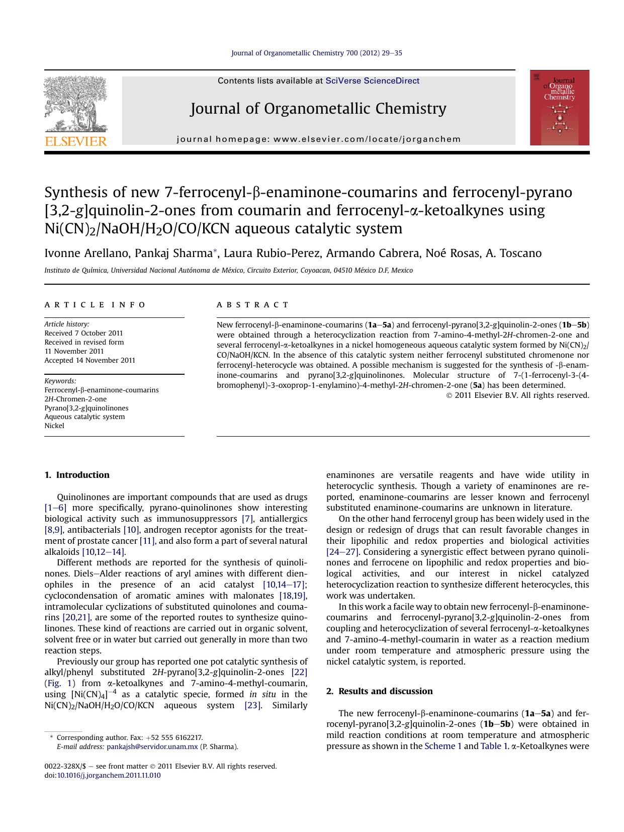 Synthesis of new 7-ferrocenyl-&beta;-enaminone-coumarins and ferrocenyl-pyrano[3,2-g]quinolin-2-ones from coumarin and ferrocenyl-&alpha;-ketoalkynes using Ni(CN)2NaOHH2OCOKCN aqueous catalytic system by Ivonne Arellano & Pankaj Sharma & Laura Rubio-Perez & Armando Cabrera & Noé Rosas & A. Toscano