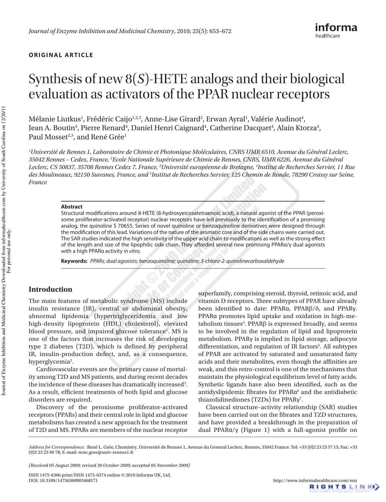 Synthesis of new 8(S)-HETE analogs and their biological evaluation as activators of the PPAR nuclear receptors by unknow
