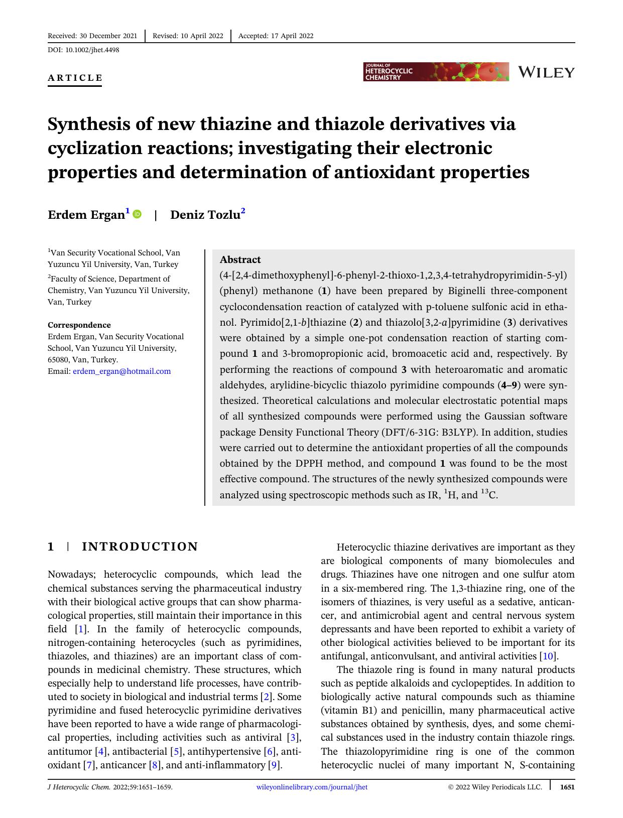 Synthesis of new Thiazine and Thiazole Derivatives via Cyclization Reactions; Investigating Their Electronic Properties and Determination of Antioxidant Properties by Unknown
