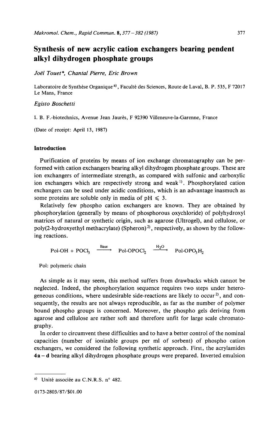 Synthesis of new acrylic cation exchangers bearing pendent alkyl dihydrogen phosphate groups by Unknown