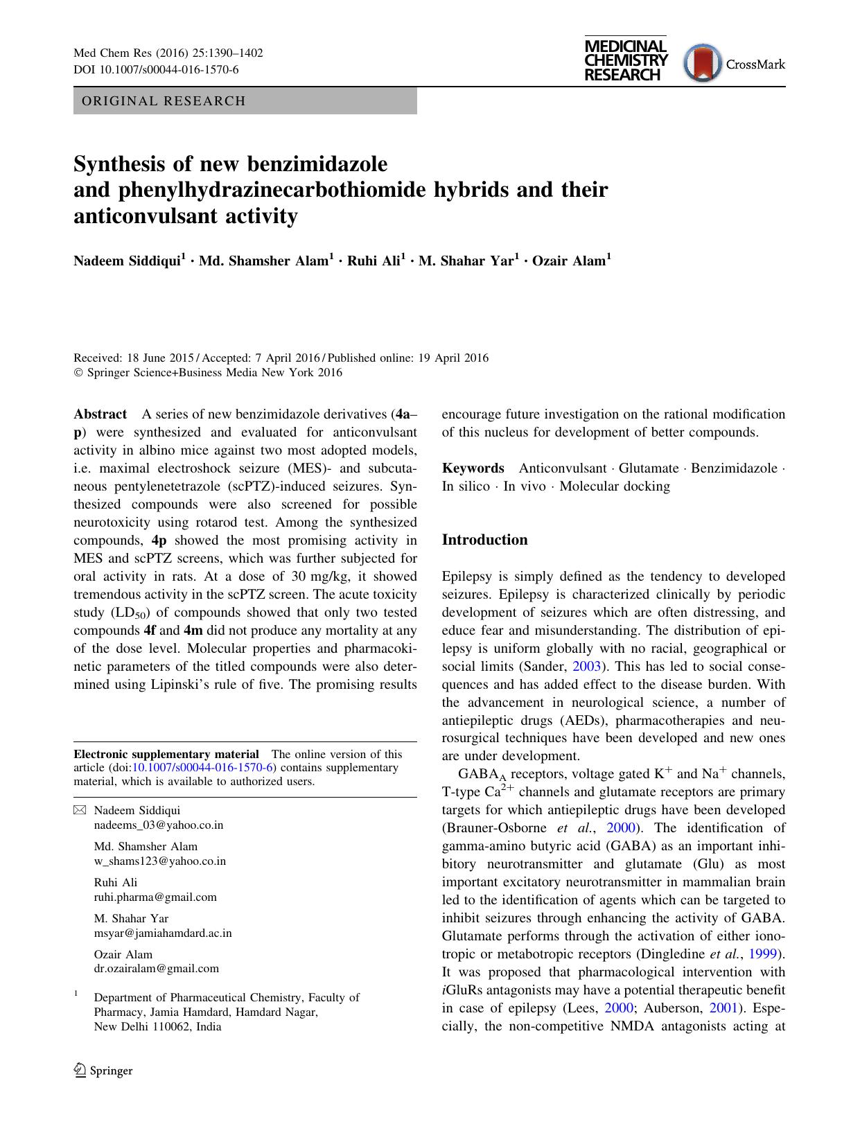 Synthesis of new benzimidazole and phenylhydrazinecarbothiomide hybrids and their anticonvulsant activity by Nadeem Siddiqui & Md. Shamsher Alam & Ruhi Ali & M. Shahar Yar & Ozair Alam