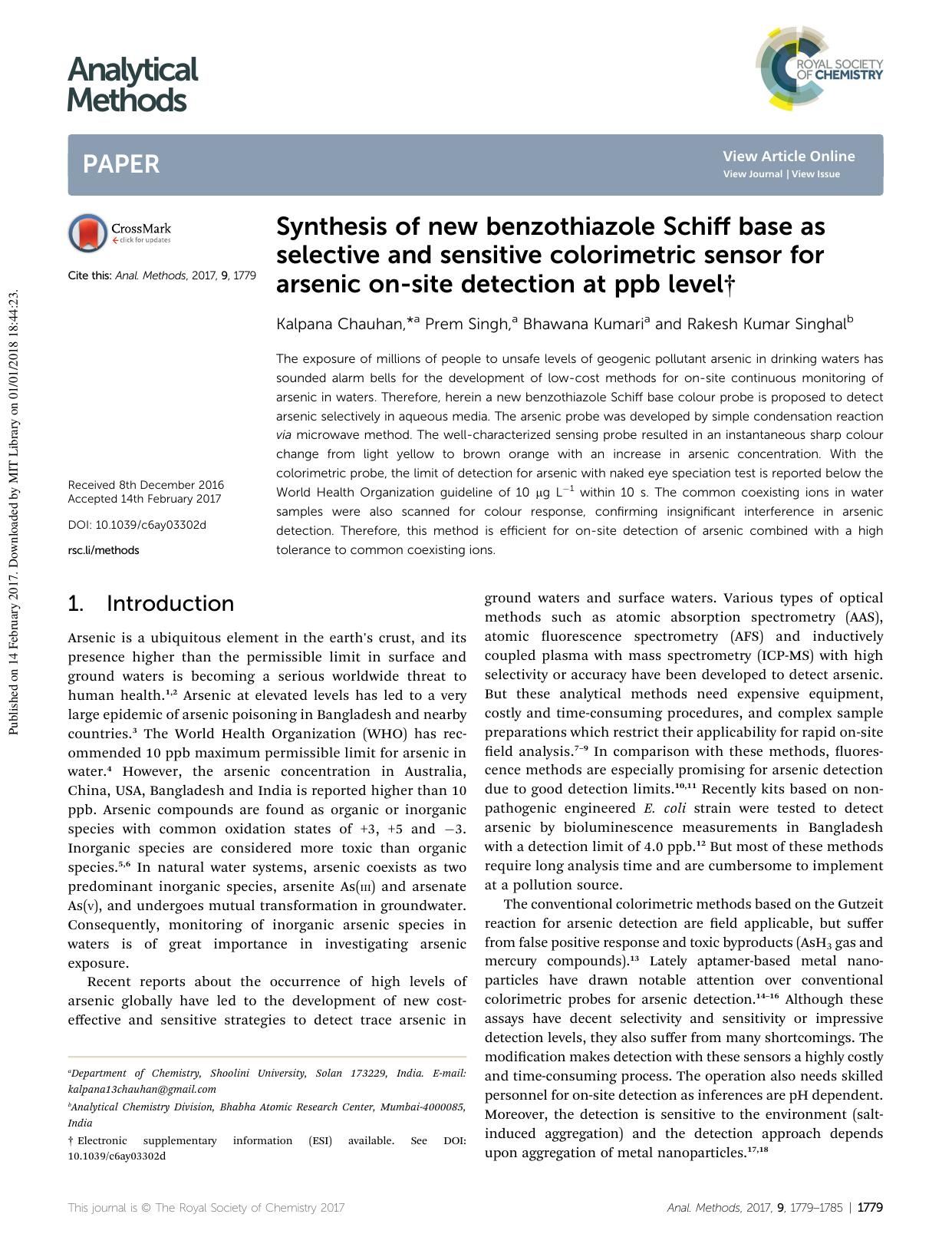 Synthesis of new benzothiazole Schiff base as selective and sensitive colorimetric sensor for arsenic on-site detection at ppb level by Kalpana Chauhan & Prem Singh & Bhawana Kumari & Rakesh Kumar Singhal