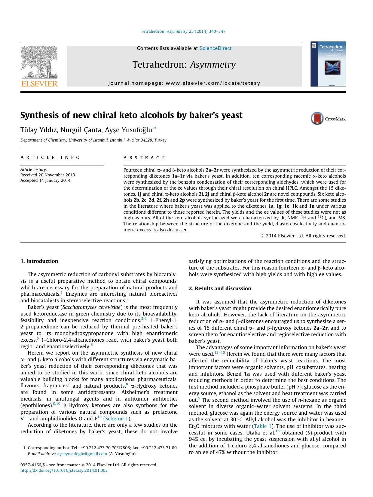 Synthesis of new chiral keto alcohols by bakerÃ¢â¬â¢s yeast by TÃ¼lay YÄ±ldÄ±z & Nurgül Çanta & Ayşe Yusufoğlu