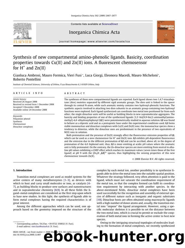Synthesis of new compartmental amino-phenolic ligands. Basicity, coordination properties towards Cu(II) and Zn(II) ions. A fluorescent chemosensor for H+ and Zn(II) by unknow