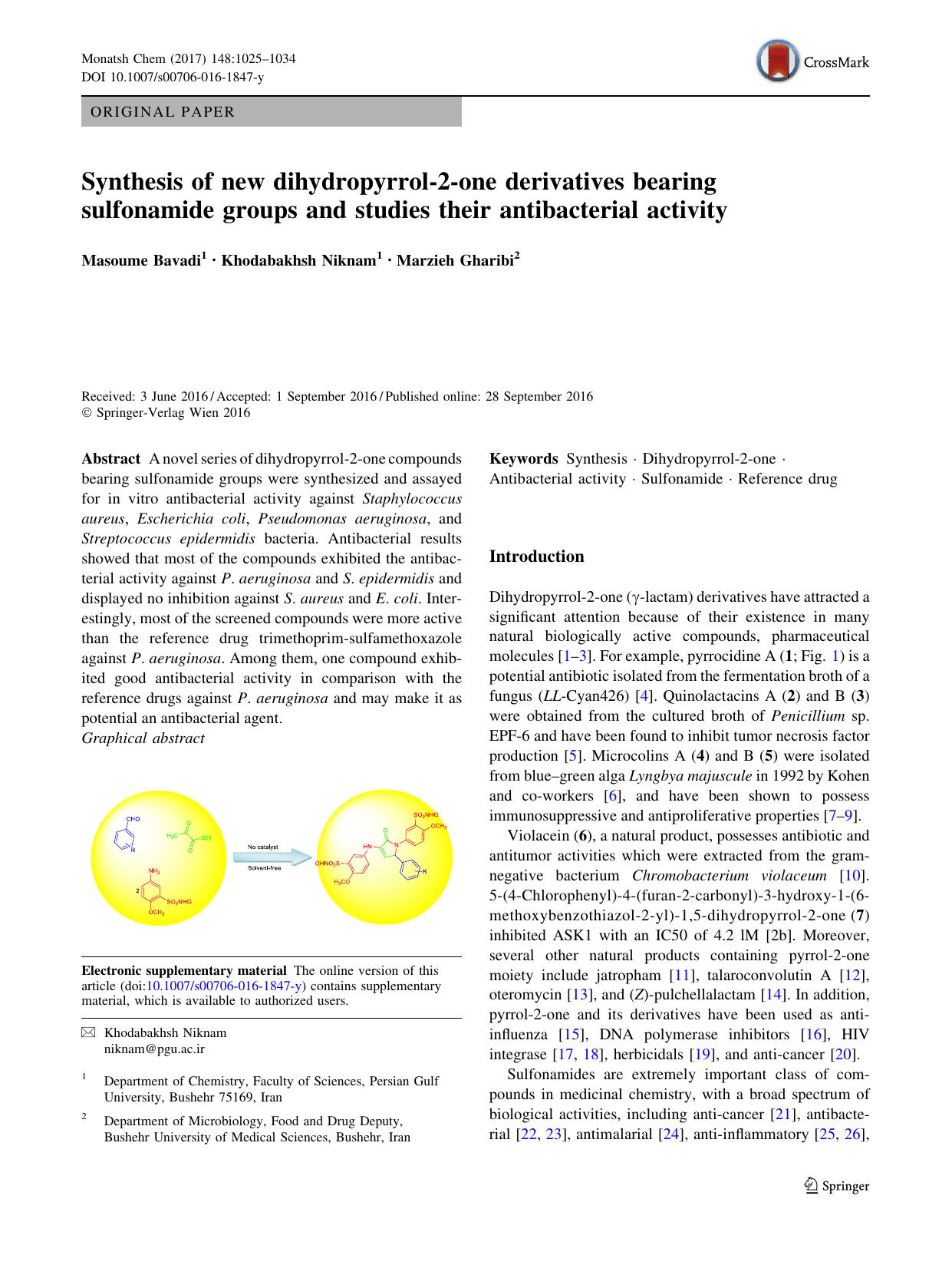 Synthesis of new dihydropyrrol-2-one derivatives bearing sulfonamide groups and studies their antibacterial activity by Masoume Bavadi & Khodabakhsh Niknam & Marzieh Gharibi