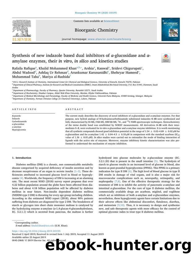 Synthesis of new indazole based dual inhibitors of Î±-glucosidase and Î±-amylase enzymes, their in vitro, in silico and kinetics studies by unknow