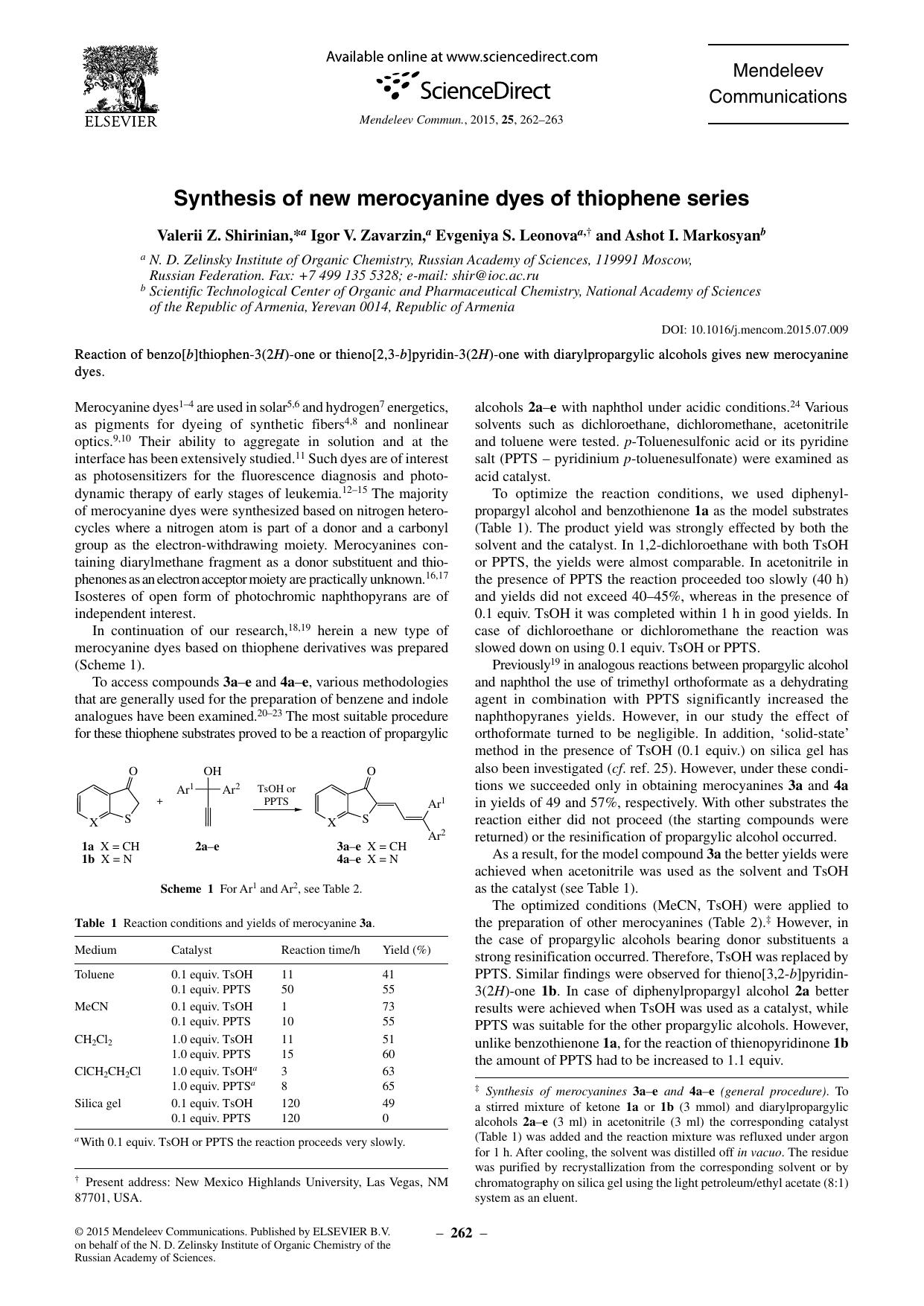 Synthesis of new merocyanine dyes of thiophene series by Valerii Z. Shirinian & Igor V. Zavarzin & Evgeniya S. Leonova & Ashot I. Markosyan