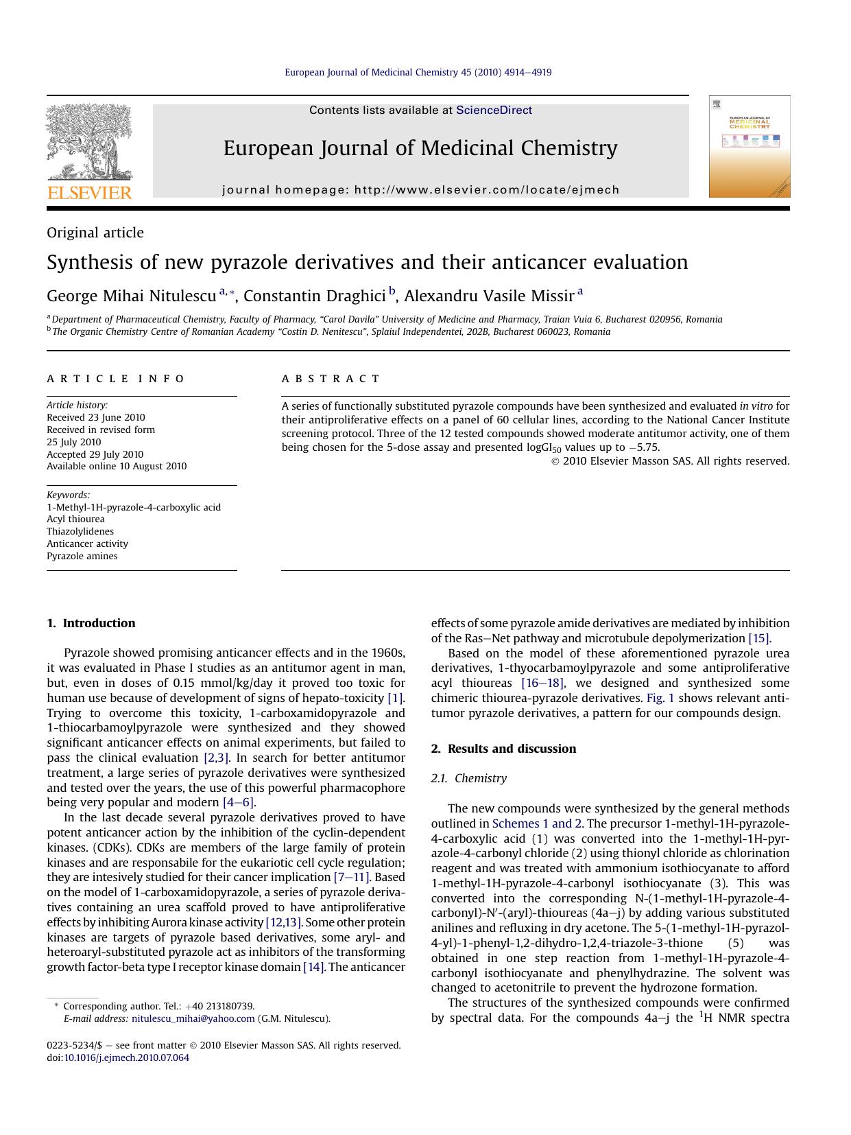 Synthesis of new pyrazole derivatives and their anticancer evaluation by George Mihai Nitulescu & Constantin Draghici & Alexandru Vasile Missir