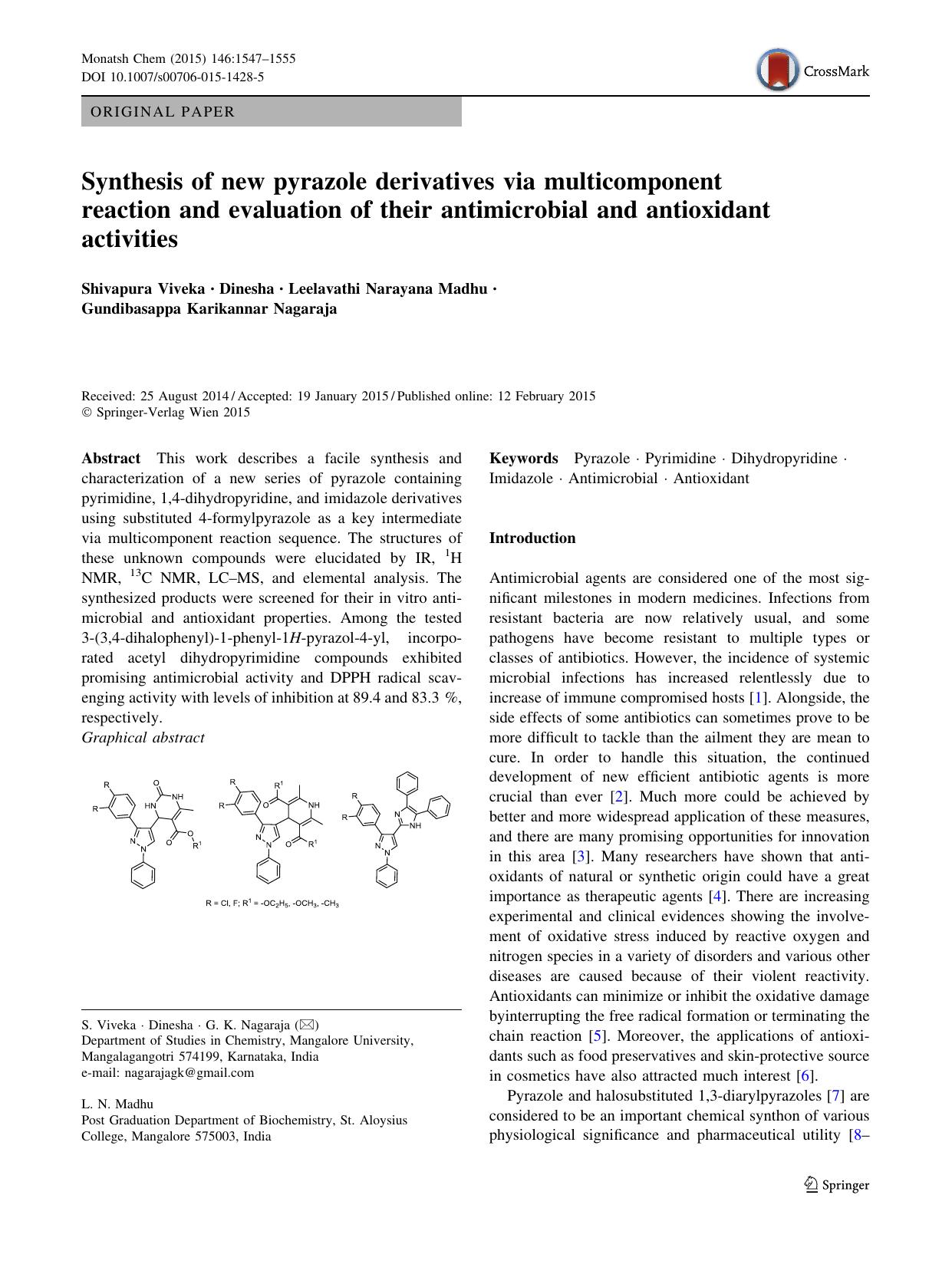 Synthesis of new pyrazole derivatives via multicomponent reaction and evaluation of their antimicrobial and antioxidant activities by Shivapura Viveka & Dinesha & Leelavathi Narayana Madhu & Gundibasappa Karikannar Nagaraja