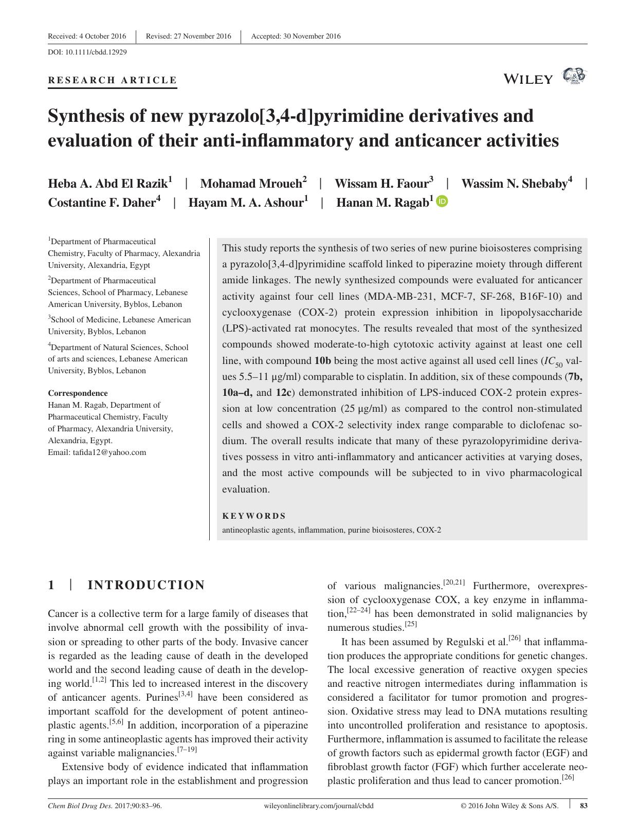 Synthesis of new pyrazolo[3,4âd]pyrimidine derivatives and evaluation of their antiâinflammatory and anticancer activities by Unknown