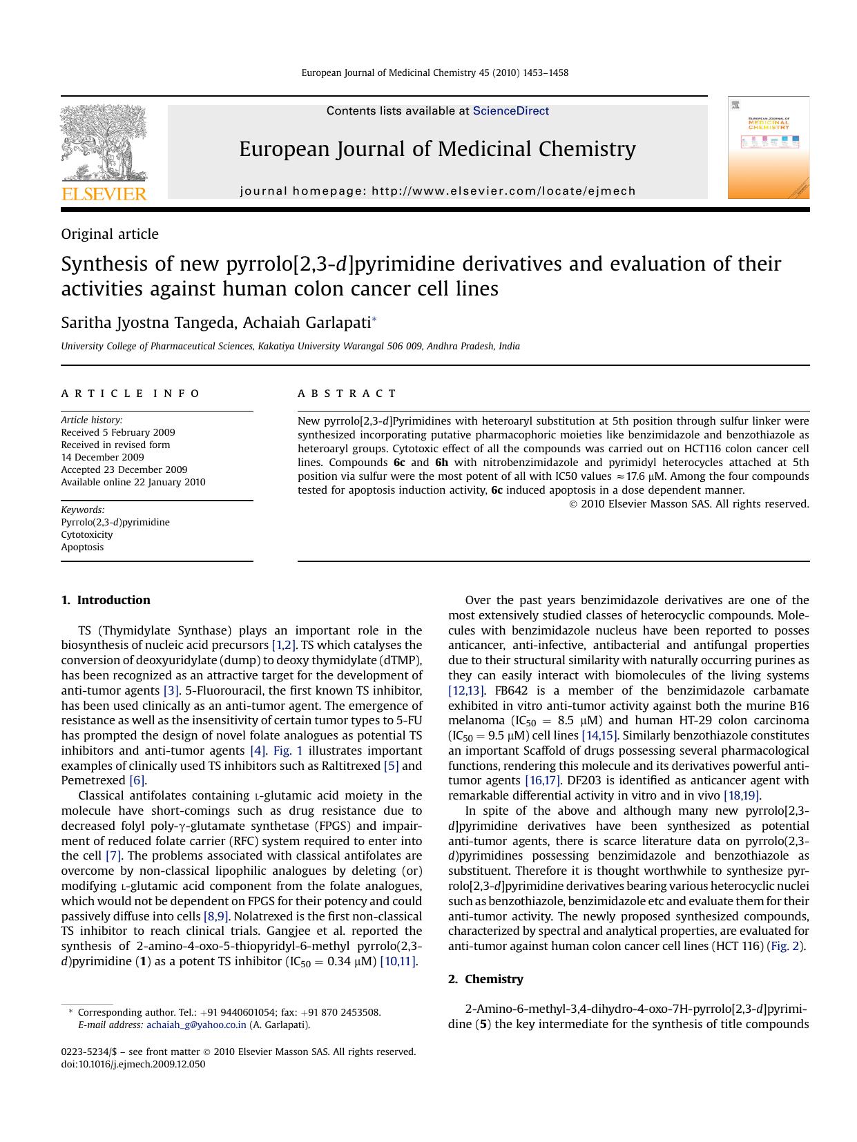 Synthesis of new pyrrolo[2,3-d]pyrimidine derivatives and evaluation of their activities against human colon cancer cell lines by Saritha Jyostna Tangeda; Achaiah Garlapati