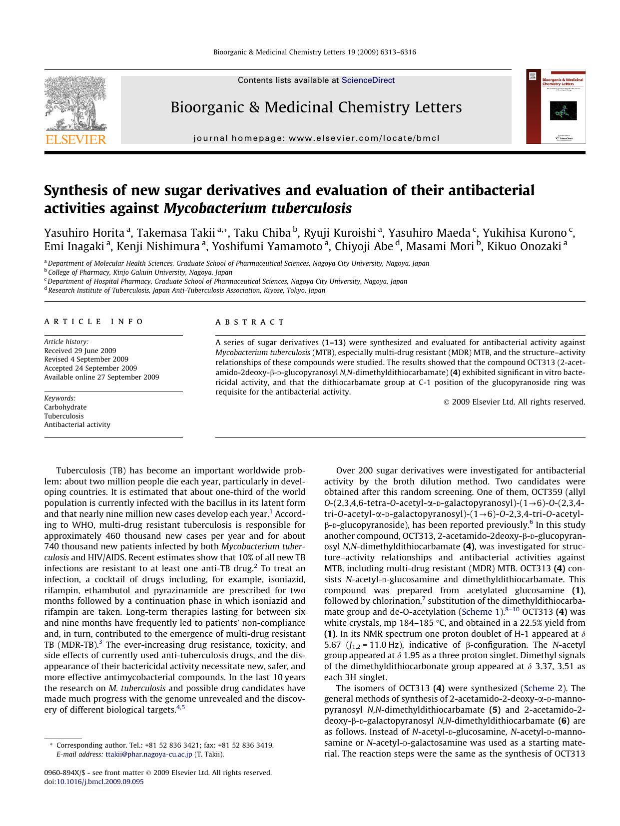 Synthesis of new sugar derivatives and evaluation of their antibacterial activities against Mycobacterium tuberculosis by unknow