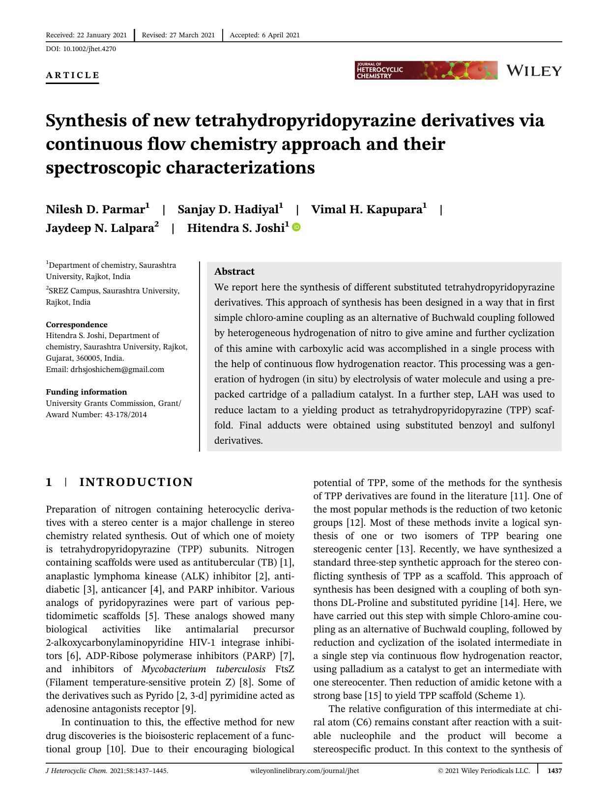 Synthesis of new tetrahydropyridopyrazine derivatives via continuous flow chemistry approach and their spectroscopic characterizations by Unknown