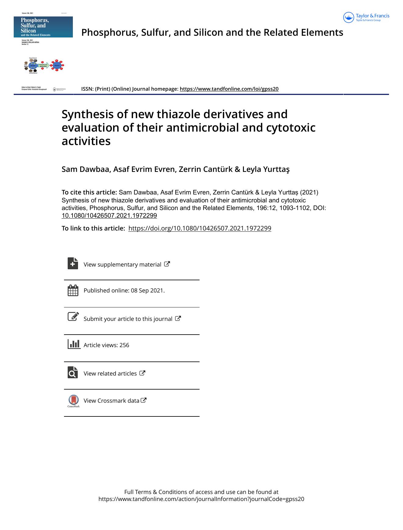 Synthesis of new thiazole derivatives and evaluation of their antimicrobial and cytotoxic activities by Dawbaa Sam & Evren Asaf Evrim & Cantürk Zerrin & Yurttaş Leyla