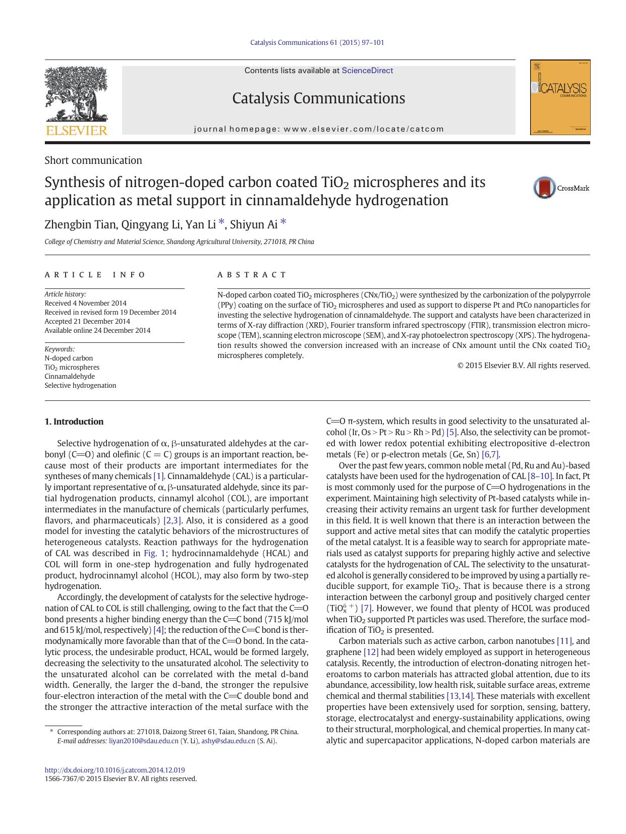 Synthesis of nitrogen-doped carbon coated TiO2 microspheres and its application as metal support in cinnamaldehyde hydrogenation by Zhengbin Tian & Qingyang Li & Yan Li & Shiyun Ai
