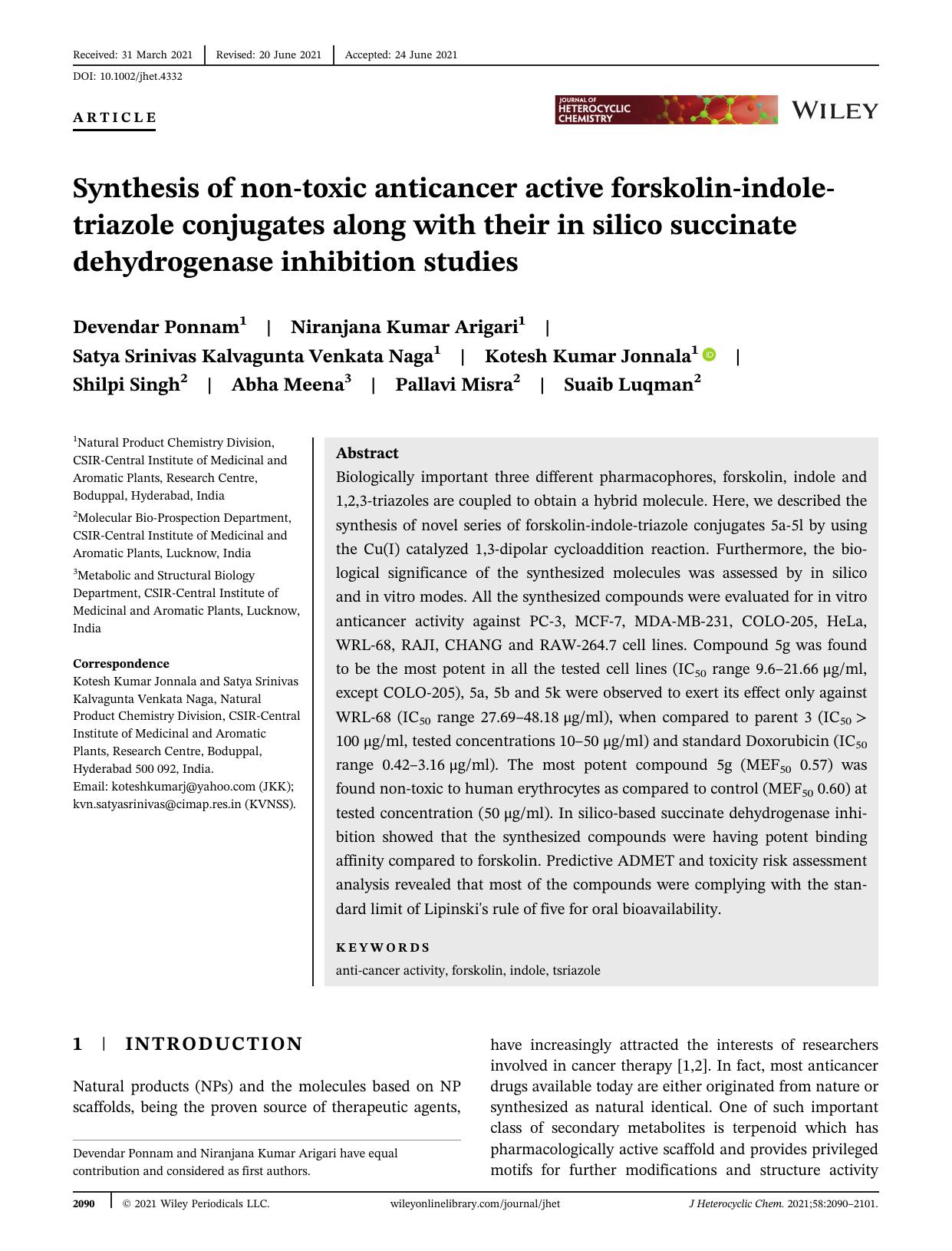 Synthesis of non-toxic anticancer active forskolin-indole-triazole conjugates along with their In-silico Succinate Dehydrogenase Inhibition Studies by Unknown