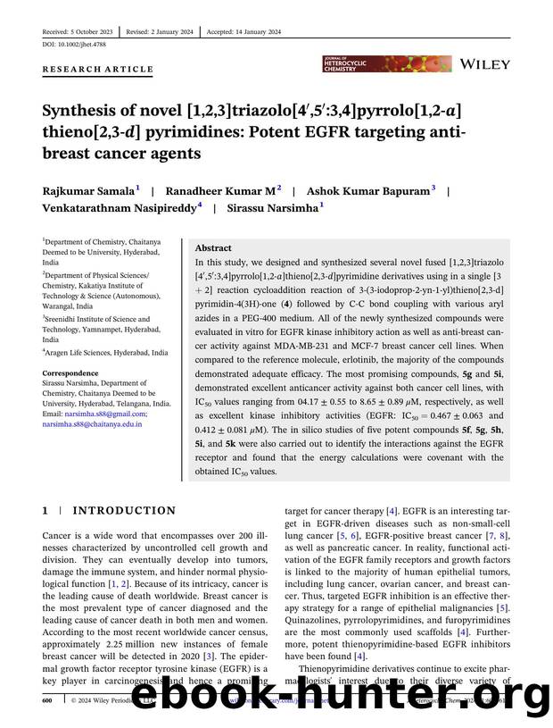 Synthesis of novel [1,2,3]triazolo[4',5':3,4]pyrrolo[1,2â a ]thieno[2,3â d ] pyrimidines: Potent EGFR targeting Antiâbreast cancer agents by Unknown