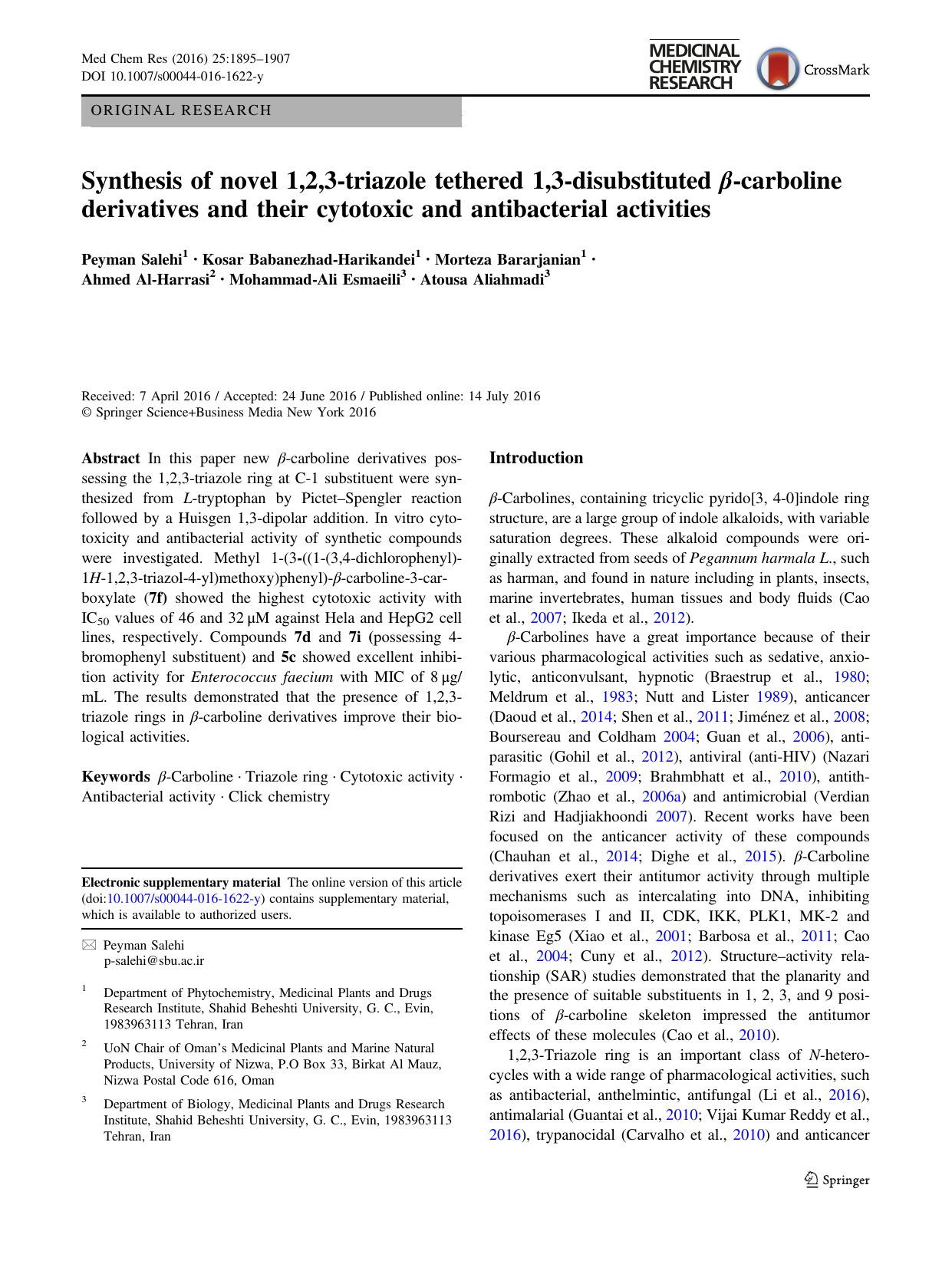 Synthesis of novel 1,2,3-triazole tethered 1,3-disubstituted ÃÂ²-carboline derivatives and their cytotoxic and antibacterial activities by unknow
