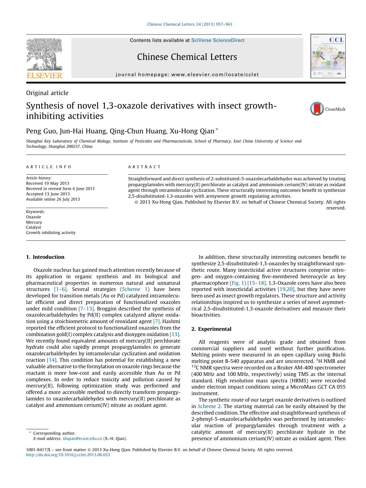 Synthesis of novel 1,3-oxazole derivatives with insect growth-inhibiting activities by Peng Guo & Jun-Hai Huang & Qing-Chun Huang & Xu-Hong Qian
