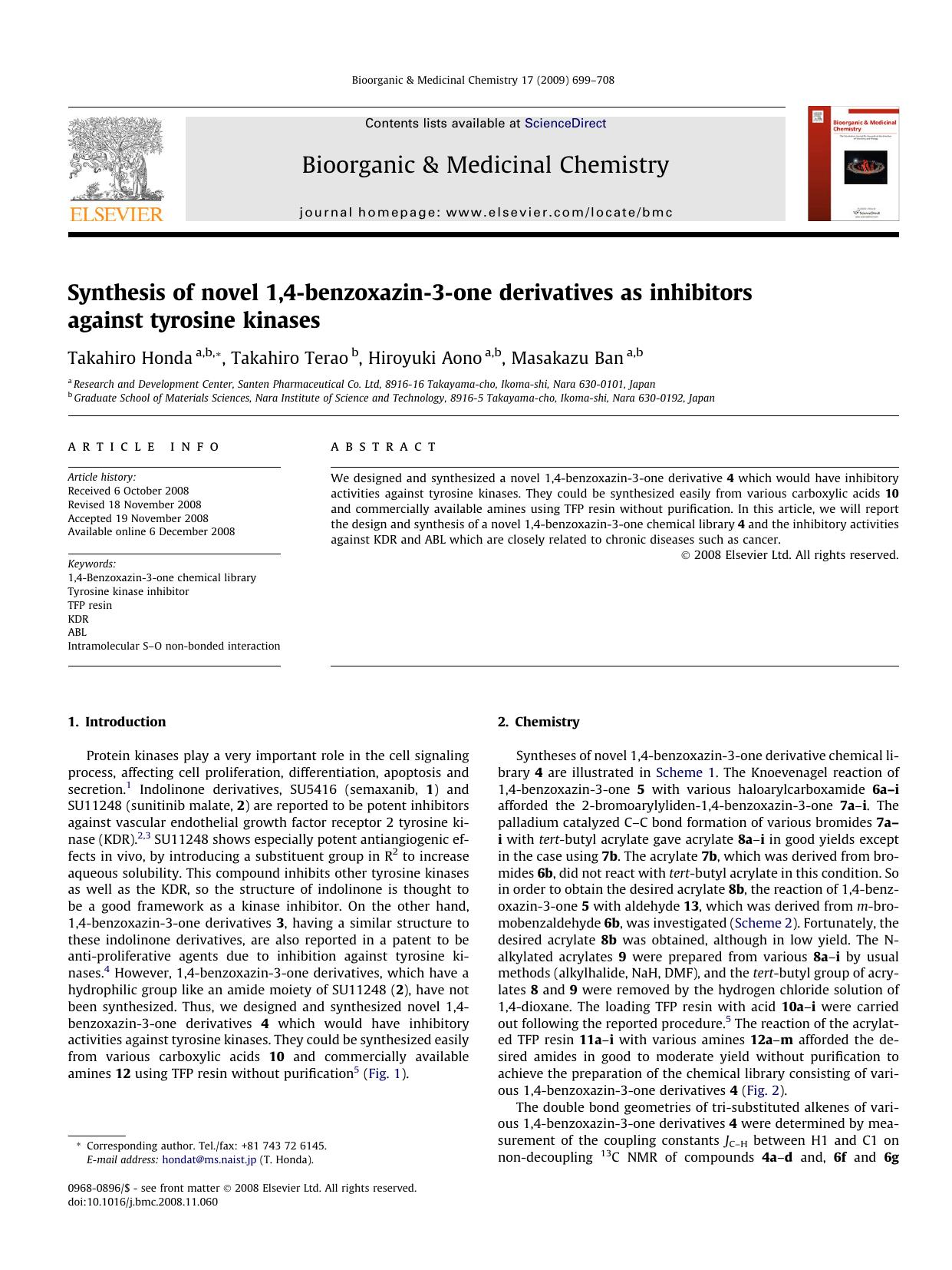 Synthesis of novel 1,4-benzoxazin-3-one derivatives as inhibitors against tyrosine kinases by Takahiro Honda; Takahiro Terao; Hiroyuki Aono; Masakazu Ban