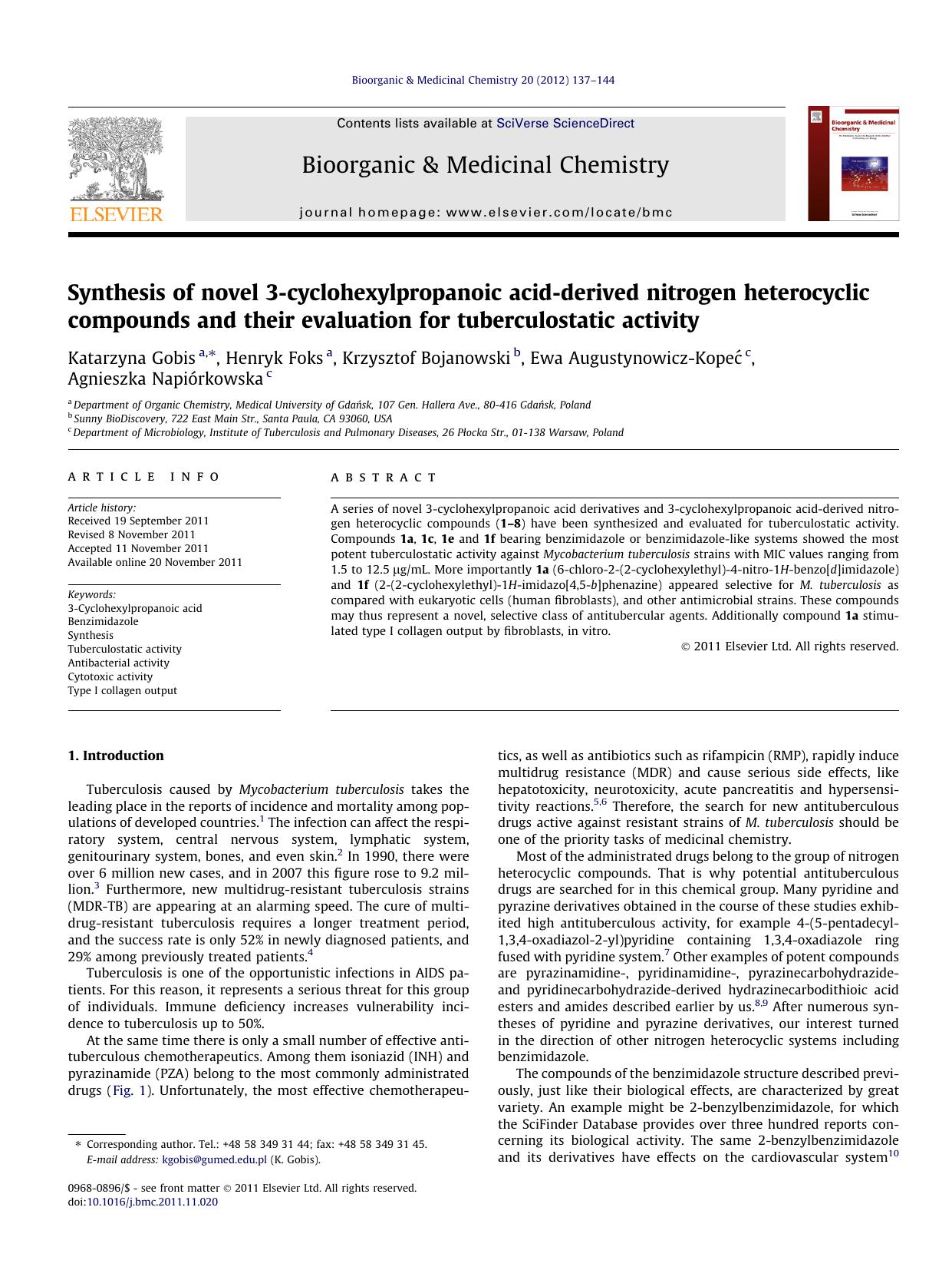 Synthesis of novel 3-cyclohexylpropanoic acid-derived nitrogen heterocyclic compounds and their evaluation for tuberculostatic activity by unknow