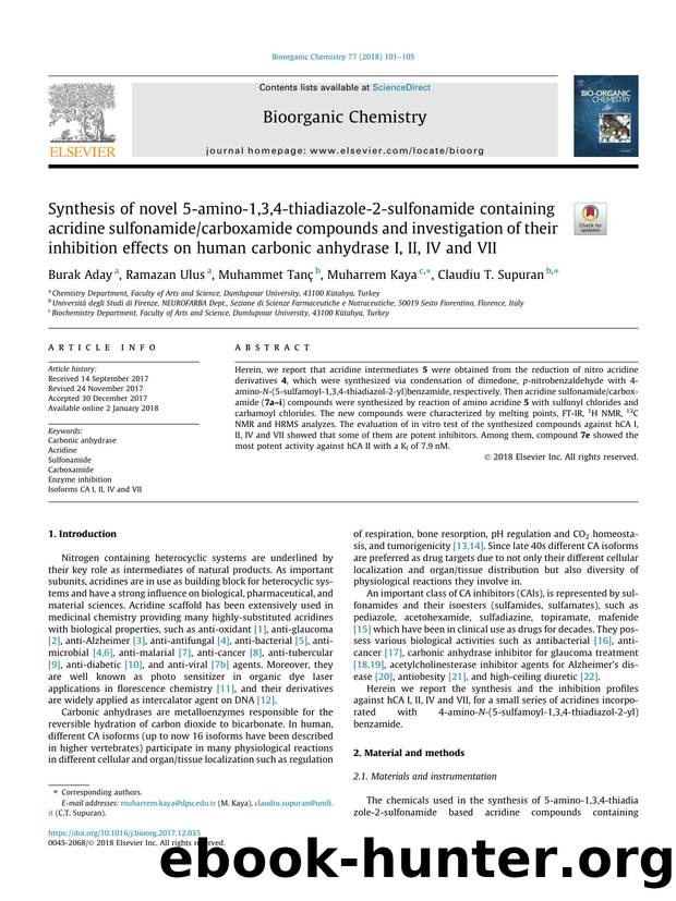 Synthesis of novel 5-amino-1,3,4-thiadiazole-2-sulfonamide containing acridine sulfonamidecarboxamide compounds and investigation of their inhibition effects on human carbonic anhy by Burak Aday & Ramazan Ulus & Muhammet Tanç & Muharrem Kaya & Claudiu T. Supuran