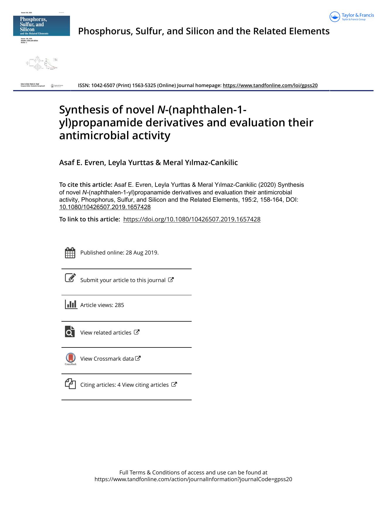 Synthesis of novel N-(naphthalen-1-yl)propanamide derivatives and evaluation their antimicrobial activity by Evren Asaf E. & Yurttas Leyla & Yılmaz-Cankilic Meral