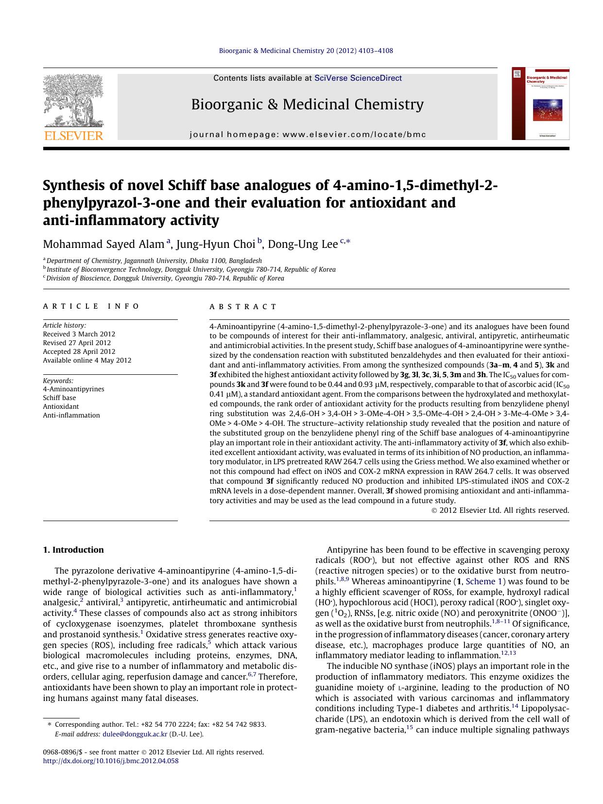 Synthesis of novel Schiff base analogues of 4-amino-1,5-dimethyl-2-phenylpyrazol-3-one and their evaluation for antioxidant and anti-inflammatory activity by Mohammad Sayed Alam & Jung-Hyun Choi & Dong-Ung Lee