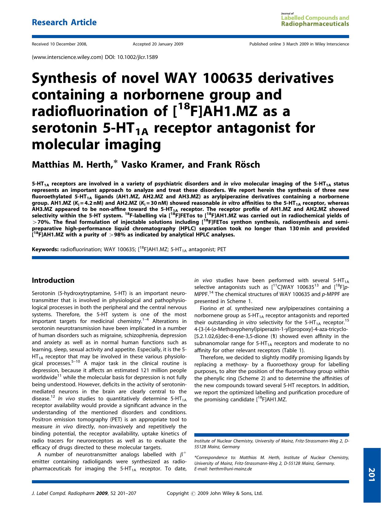Synthesis of novel WAY 100635 derivatives containing a norbornene group and radiofluorination of [18F]AH1.MZ as a serotonin 5-HT1A receptor antagonist for molecular imaging by Unknown