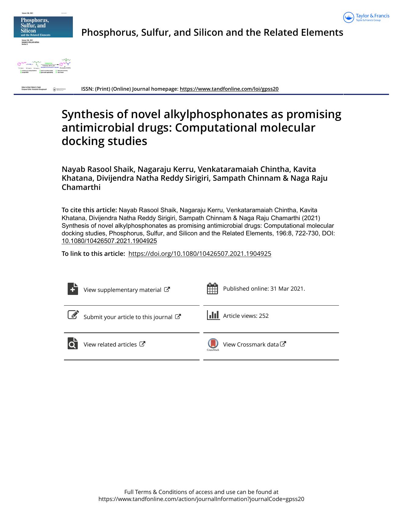 Synthesis of novel alkylphosphonates as promising antimicrobial drugs: Computational molecular docking studies by unknow