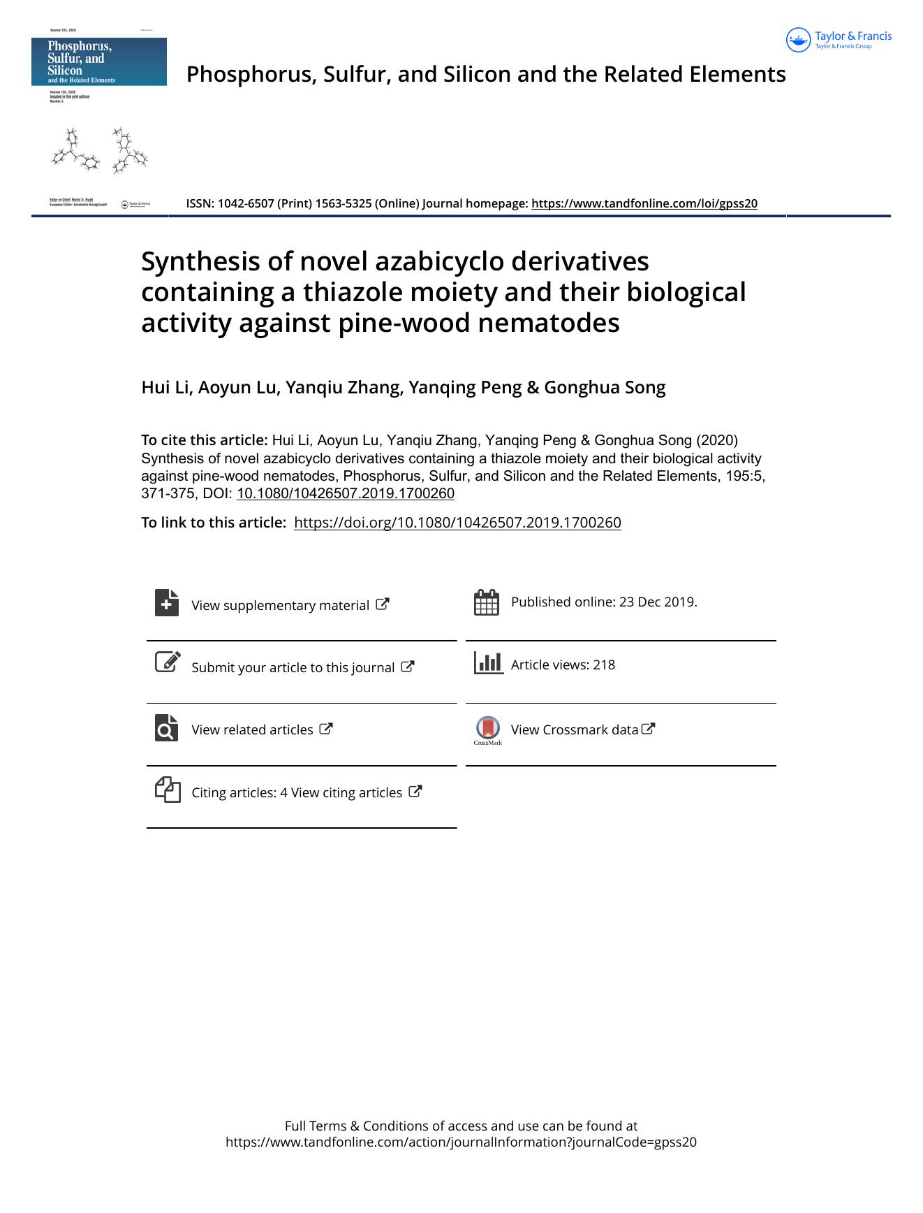 Synthesis of novel azabicyclo derivatives containing a thiazole moiety and their biological activity against pine-wood nematodes by Li Hui & Lu Aoyun & Zhang Yanqiu & Peng Yanqing & Song Gonghua