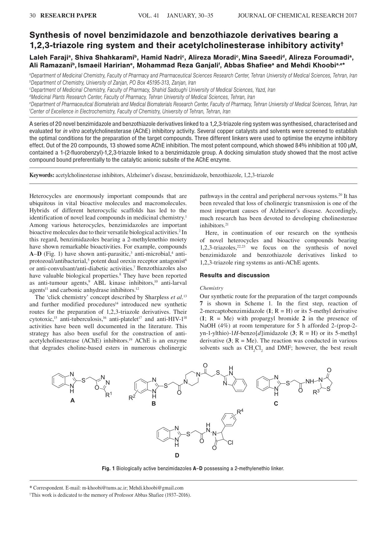 Synthesis of novel benzimidazole and benzothiazole derivatives bearing a 1,2,3-triazole ring system and their acetylcholinesterase inhibitory activity by unknow