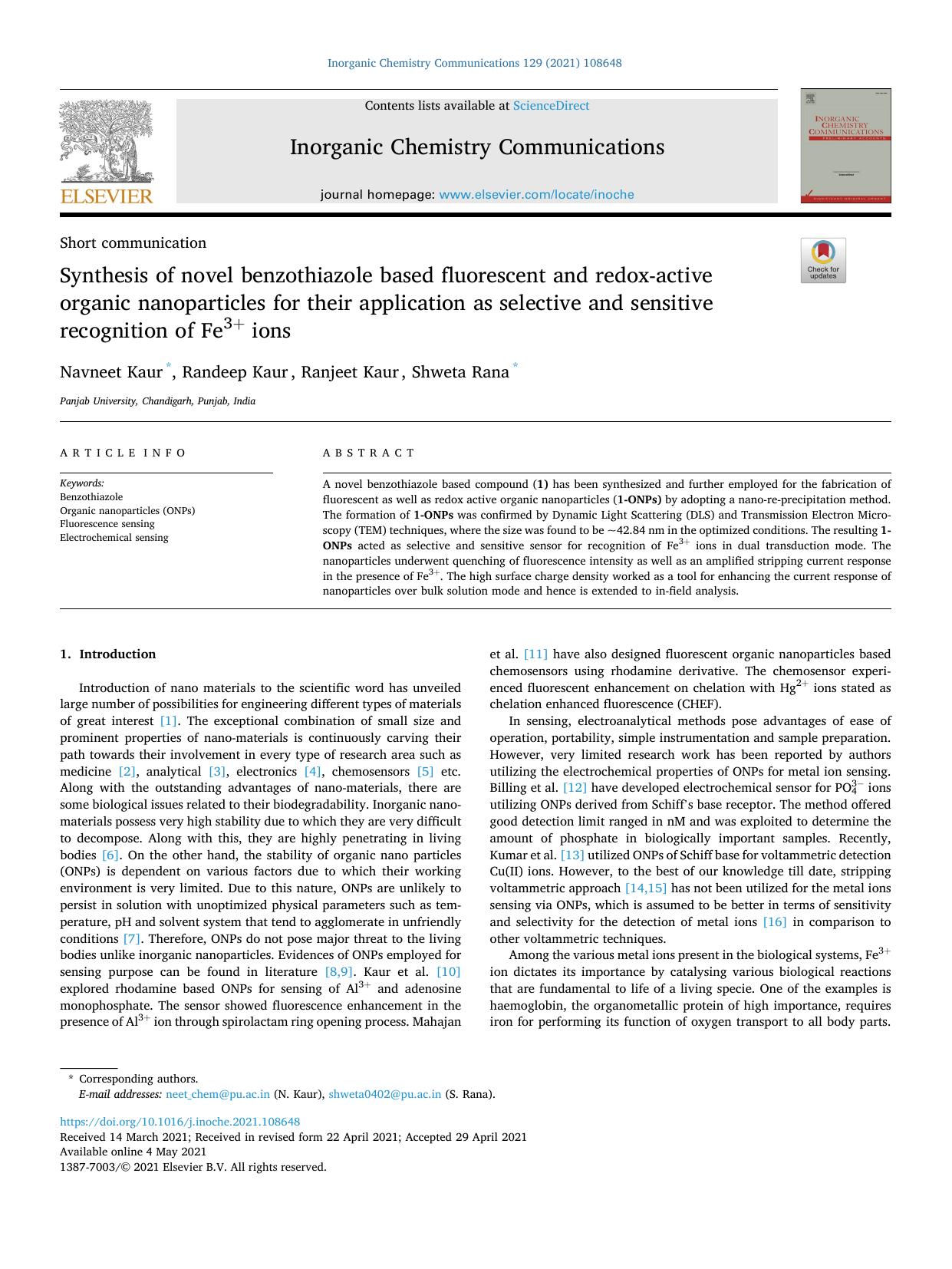 Synthesis of novel benzothiazole based fluorescent and redox-active organic nanoparticles for their application as selective and sensitive recognition of Fe3+ ions by Navneet Kaur