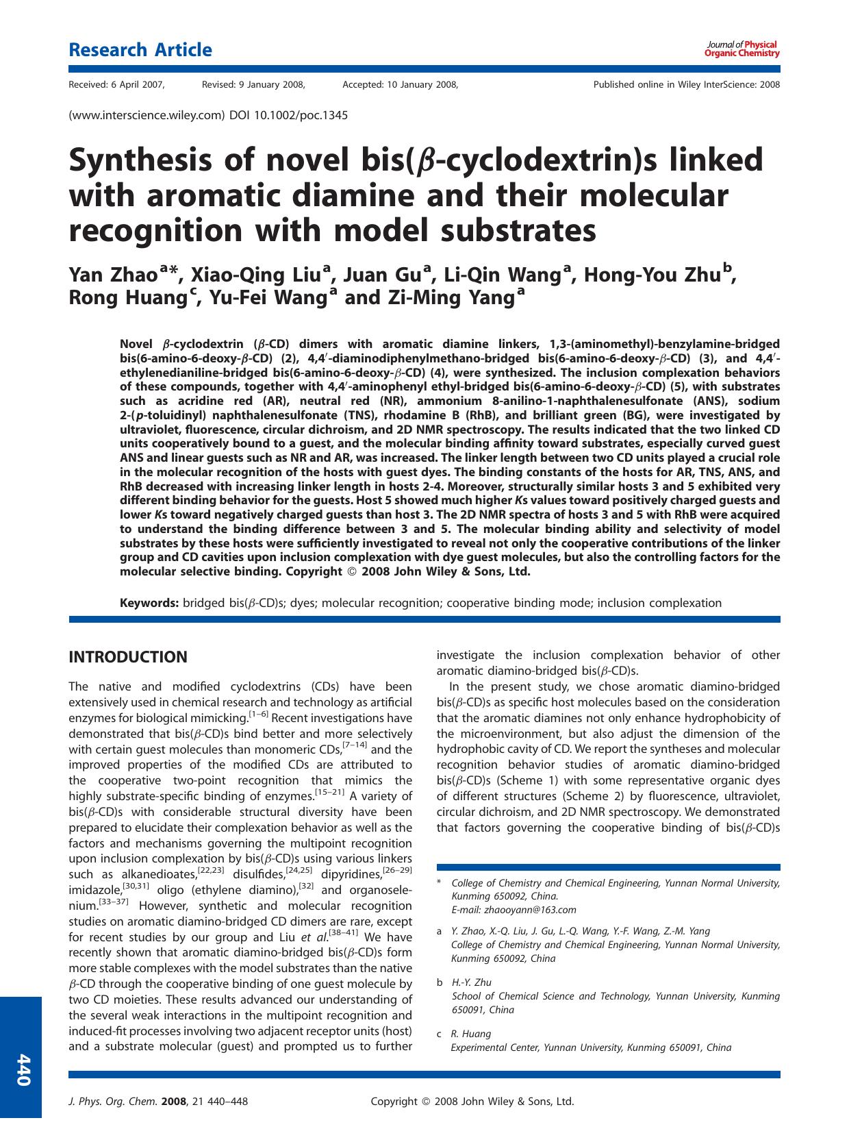 Synthesis of novel bis([beta]-cyclodextrin)s linked with aromatic diamine and their molecular recognition with model substrates by Unknown