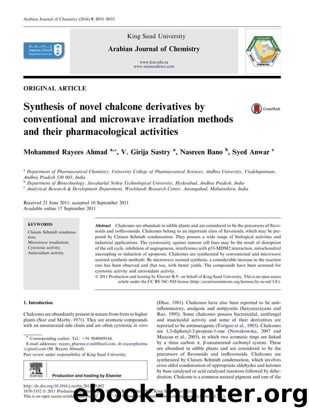 Synthesis of novel chalcone derivatives by conventional and microwave irradiation methods and their pharmacological activities by Mohammed Rayees Ahmad & V. Girija Sastry & Nasreen Bano & Syed Anwar