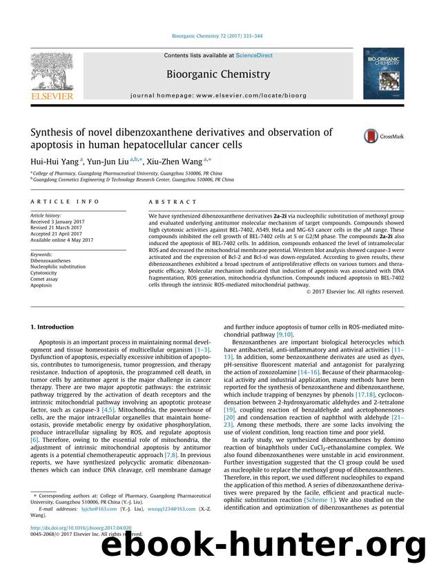 Synthesis of novel dibenzoxanthene derivatives and observation of apoptosis in human hepatocellular cancer cells by Hui-Hui Yang & Yun-Jun Liu & Xiu-Zhen Wang