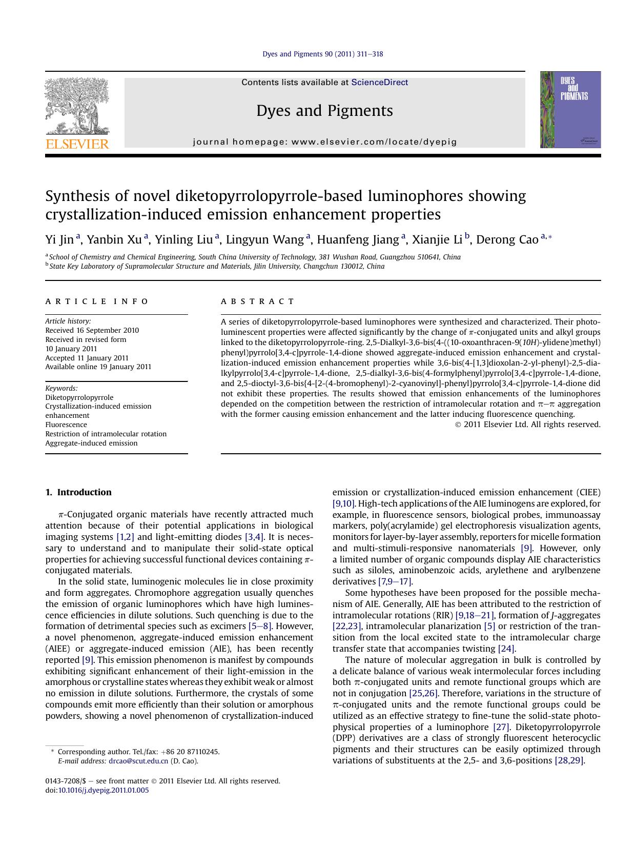 Synthesis of novel diketopyrrolopyrrole-based luminophores showing crystallization-induced emission enhancement properties by Yi Jin & Yanbin Xu & Yinling Liu & Lingyun Wang & Huanfeng Jiang & Xianjie Li & Derong Cao