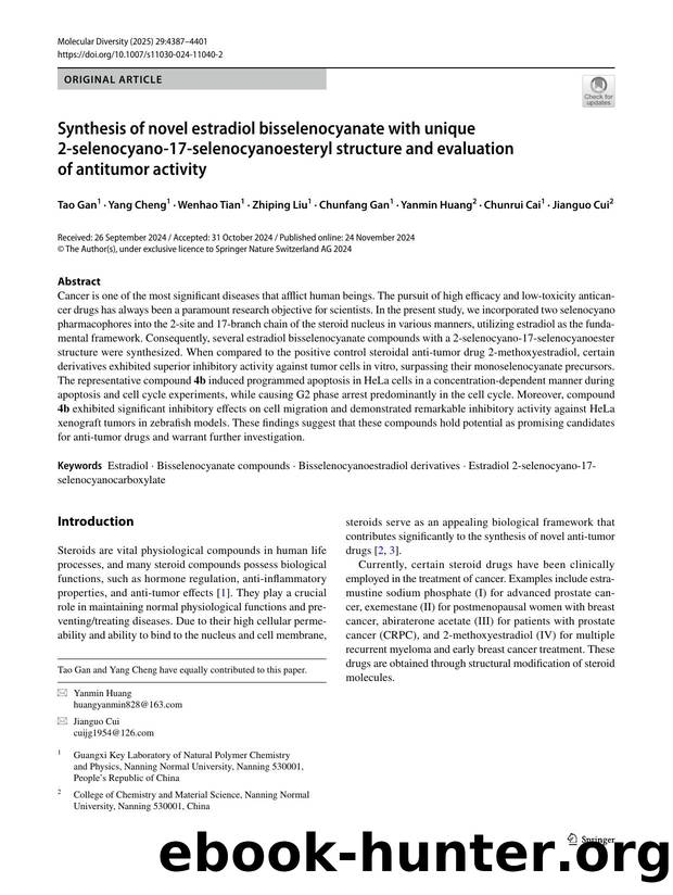 Synthesis of novel estradiol bisselenocyanate with unique 2-selenocyano-17-selenocyanoesteryl structure and evaluation of antitumor activity by unknow