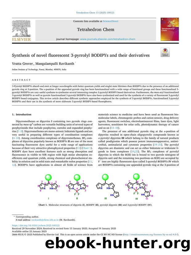 Synthesis of novel fluorescent 3-pyrrolyl BODIPYs and their derivatives by Vratta Grover & Mangalampalli Ravikanth
