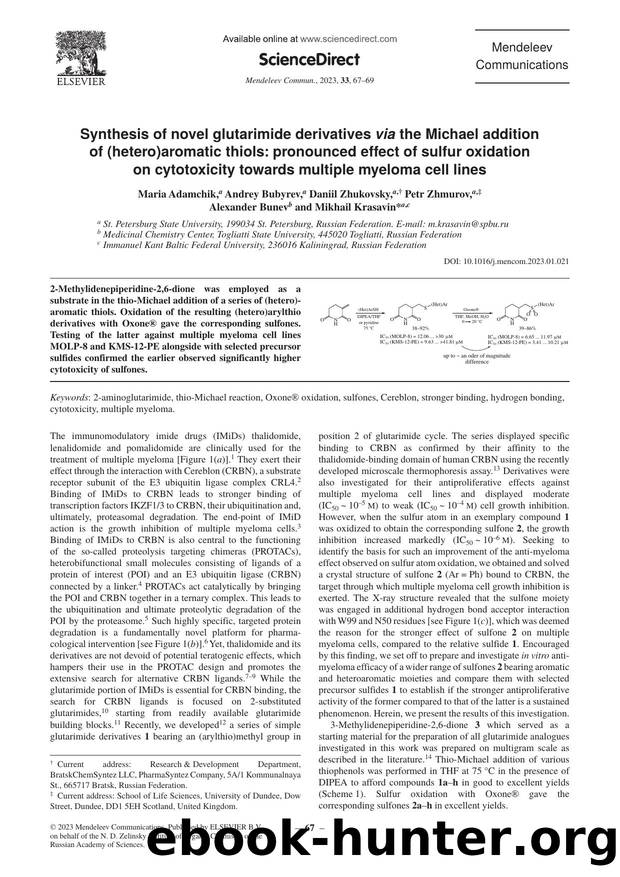 Synthesis of novel glutarimide derivatives via the Michael addition of (hetero)aromatic thiols: pronounced effect of sulfur oxidation on cytotoxicity towards multiple myeloma cell lines by unknow
