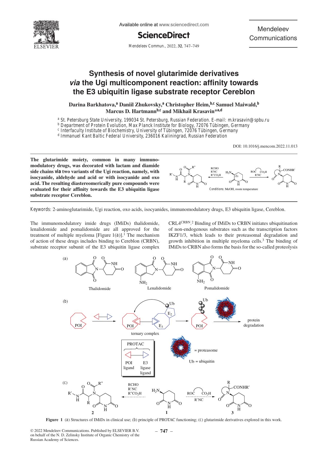 Synthesis of novel glutarimide derivatives via the Ugi multicomponent reaction: affinity towards the E3 ubiquitin ligase substrate receptor Cereblon by unknow