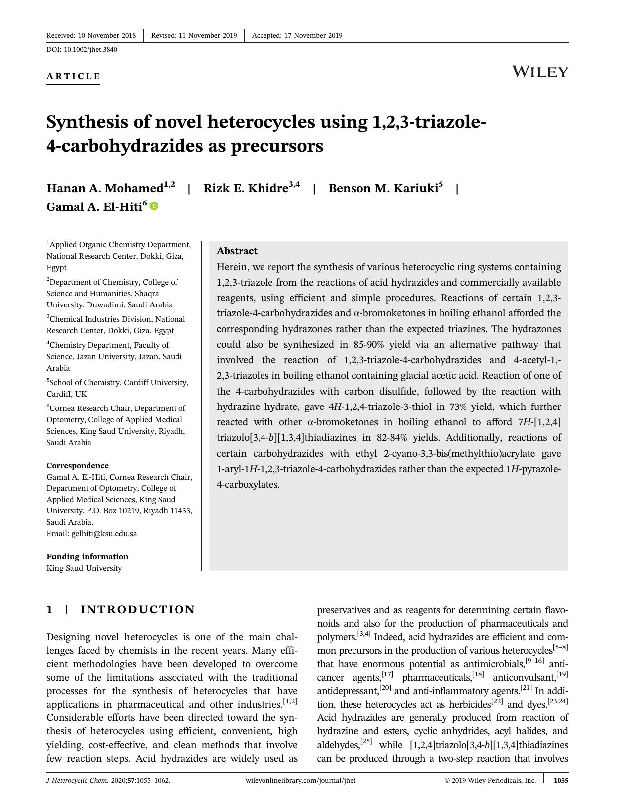 Synthesis of novel heterocycles using 1,2,3âtriazoleâ4âcarbohydrazides as precursors by Hanan A. Mohamed Rizk E. Khidre Benson M. Kariuki Gamal A. El‐Hiti
