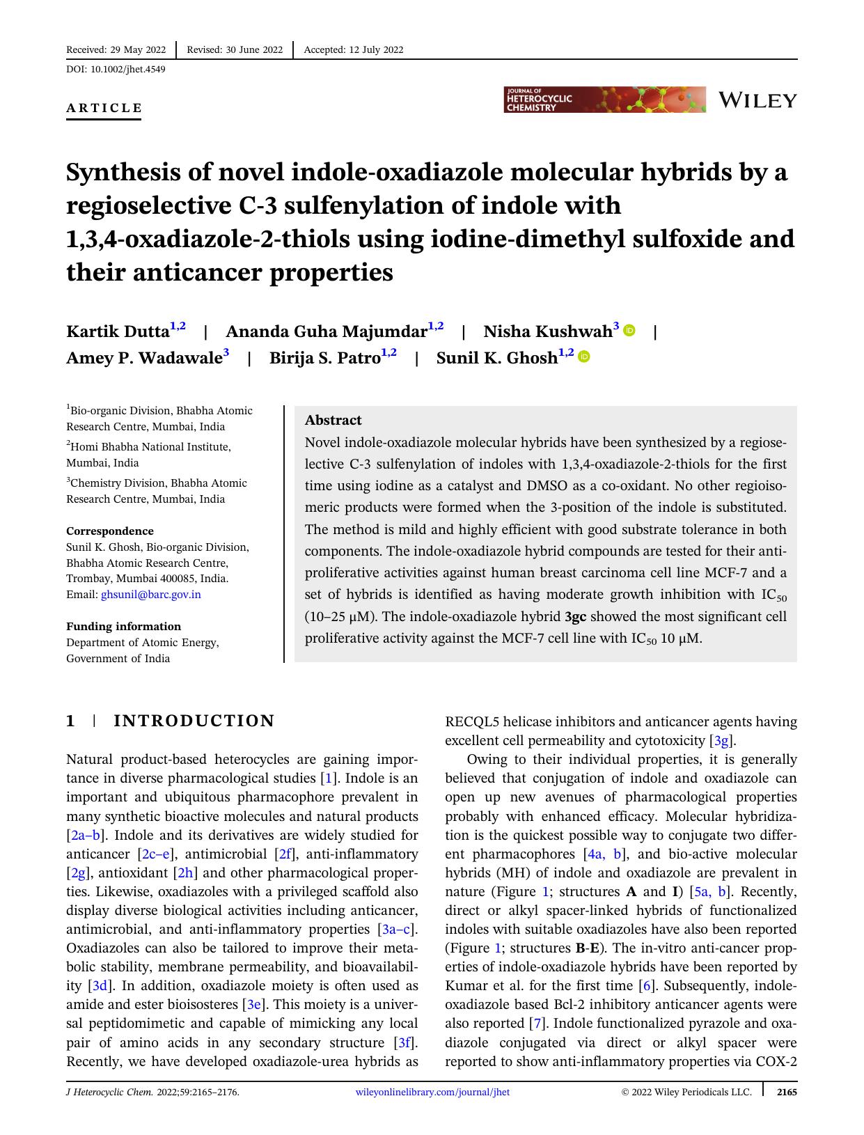 Synthesis of novel indole-oxadiazole molecular hybrids by a regioselective C-3 sulfenylation of indole with 1,3,4-oxadiazole-2-thiols using iodine-dimethyl sulfoxide and their anticancer properties by Unknown