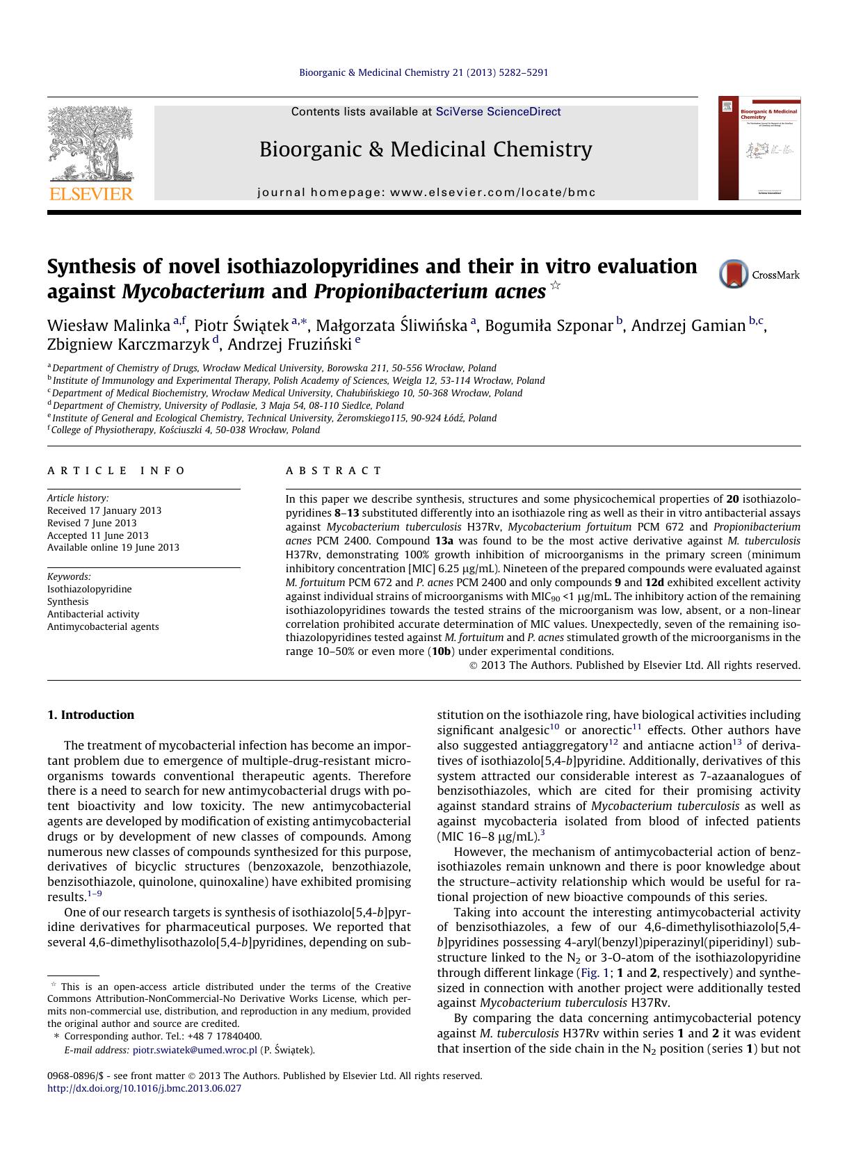 Synthesis of novel isothiazolopyridines and their in vitro evaluation against Mycobacterium and Propionibacterium acnes by unknow