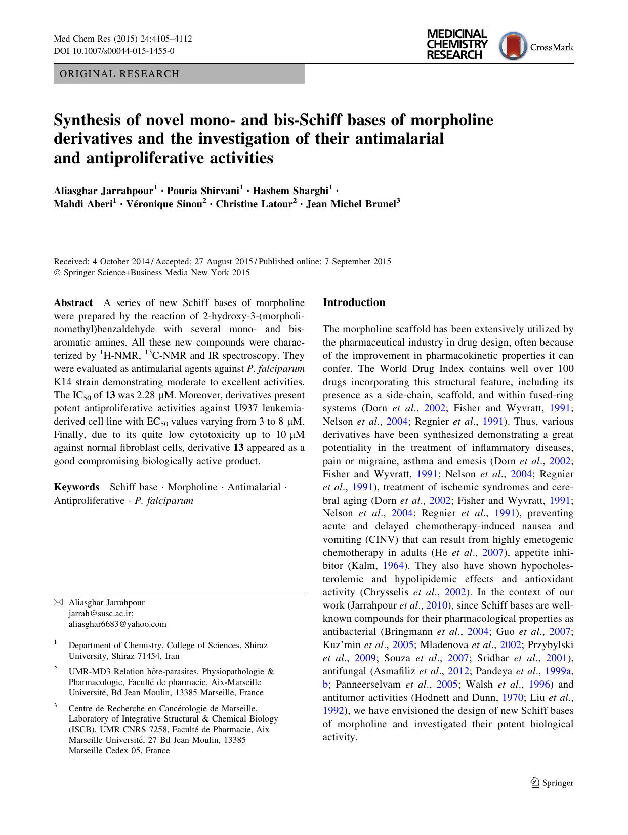 Synthesis of novel mono- and bis-Schiff bases of morpholine derivatives and the investigation of their antimalarial and antiproliferative activities by unknow