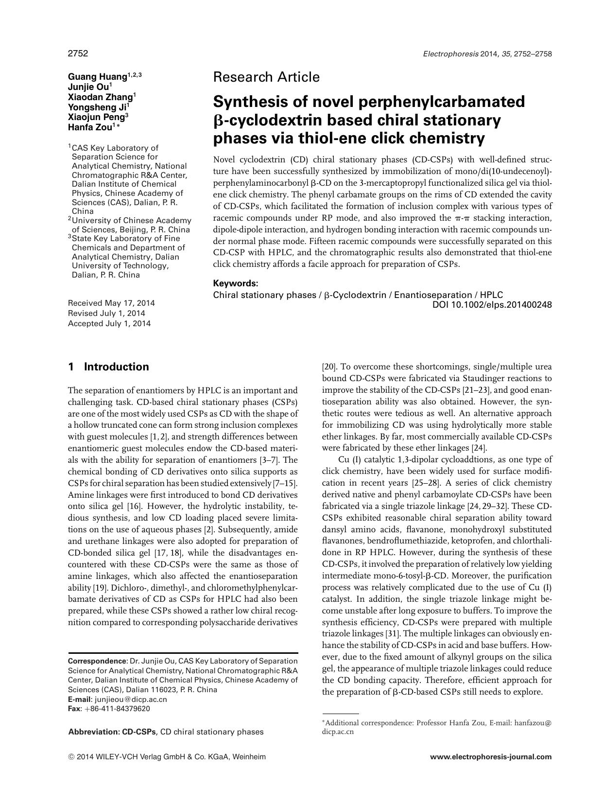 Synthesis of novel perphenylcarbamated &#x003B2;&#x02010;cyclodextrin based chiral stationary phases via thiol&#x02010;ene click chemistry by Unknown