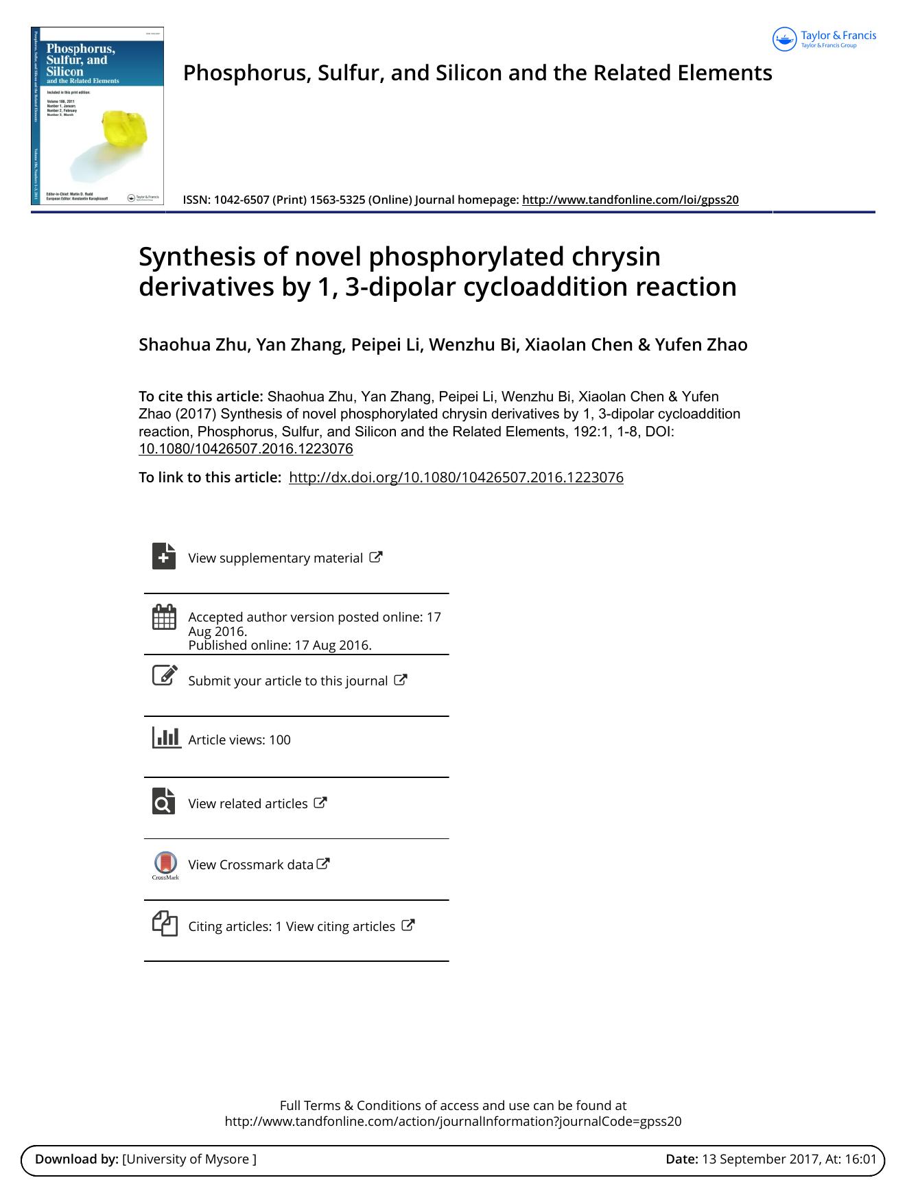 Synthesis of novel phosphorylated chrysin derivatives by 1, 3-dipolar cycloaddition reaction by Shaohua Zhu & Yan Zhang & Peipei Li & Wenzhu Bi & Xiaolan Chen & Yufen Zhao
