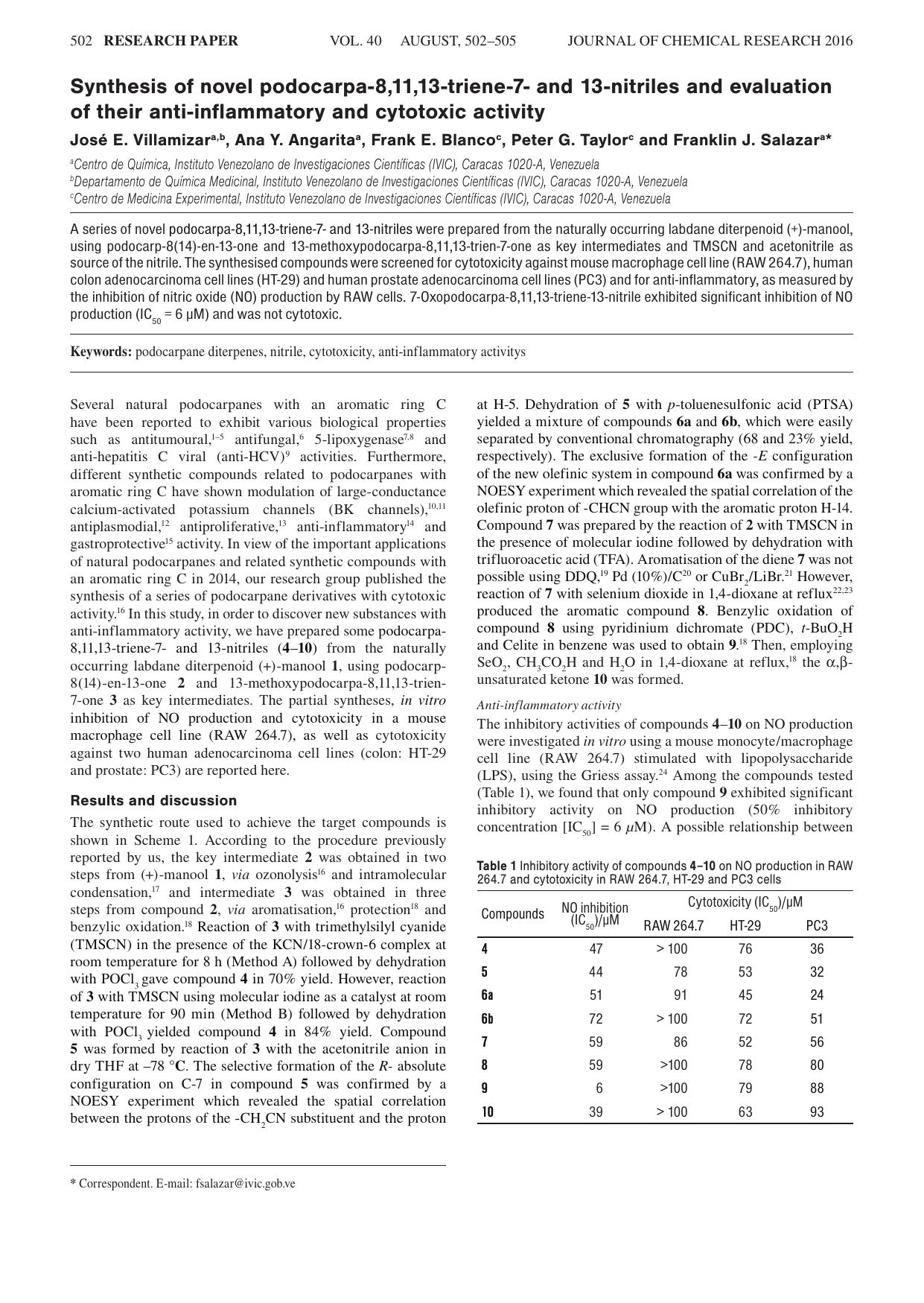 Synthesis of novel podocarpa-8,11,13-triene-7- and 13-nitriles and evaluation of their anti-inflammatory and cytotoxic activity by unknow