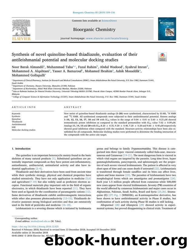 Synthesis of novel quinoline-based thiadiazole, evaluation of their antileishmanial potential and molecular docking studies by unknow