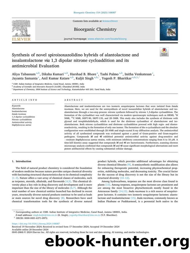 Synthesis of novel spiroisoxazolidino hybrids of alantolactone and isoalantolactone via 1,3 dipolar nitrone cycloaddition and its antimicrobial Evaluation by unknow